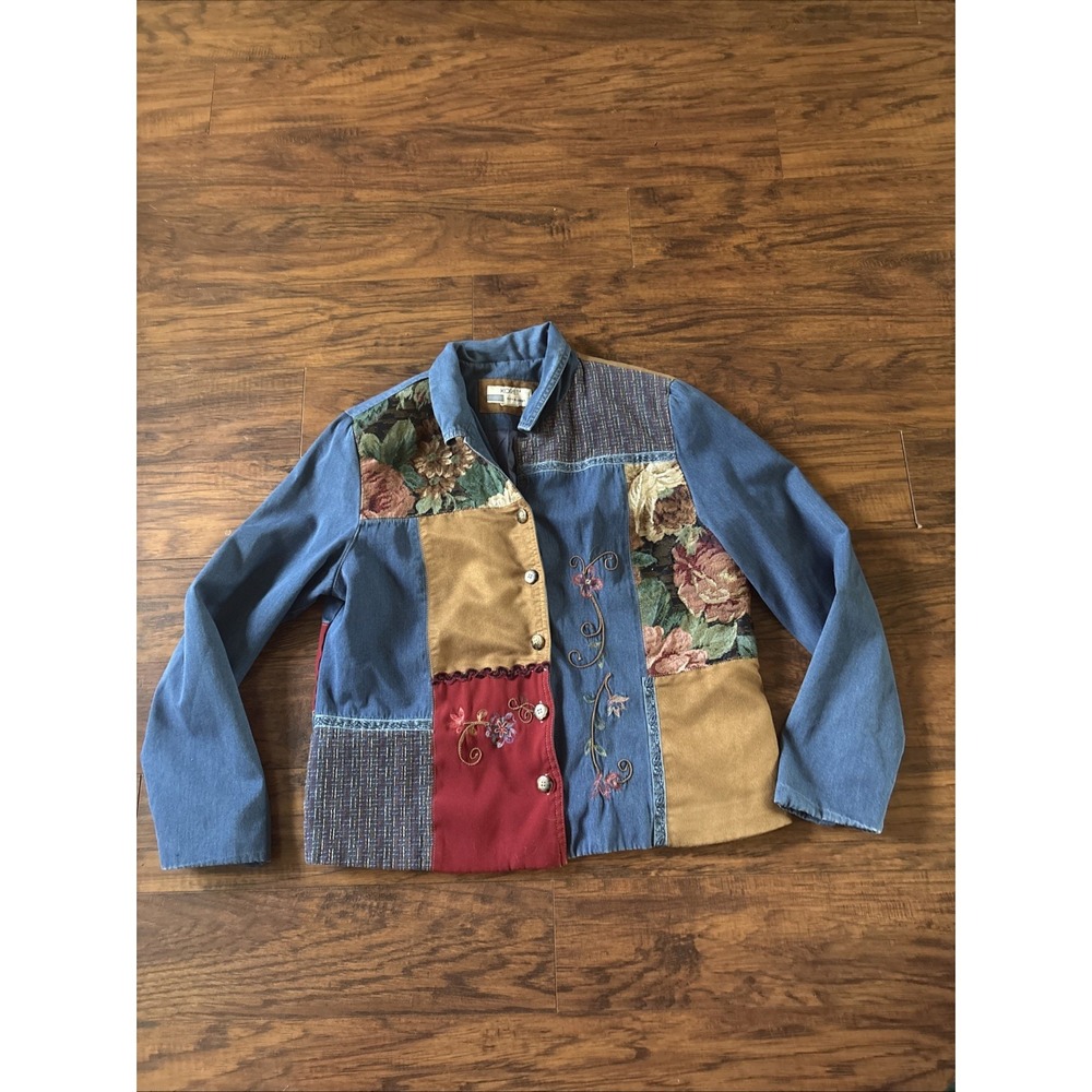Vintage Koret City Blues Patchwork Denim Tapestry Jacket Women's Boho LG